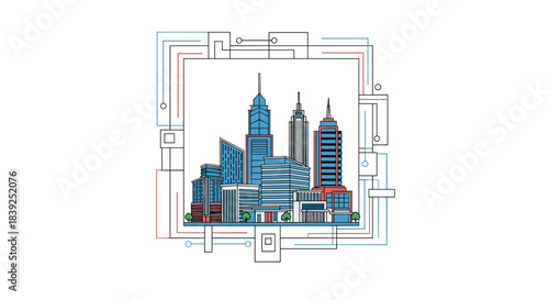 Abstract illustration of a modern city skyline with skyscrapers and buildings framed by colorful technological circuit lines.