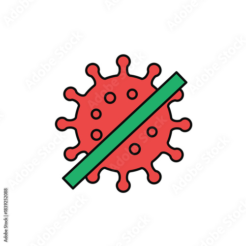 A clean graphic illustration depicts a red virus cell with a prominent green diagonal line, symbolizing effective virus elimination, prevention, and a healthy, secure life.