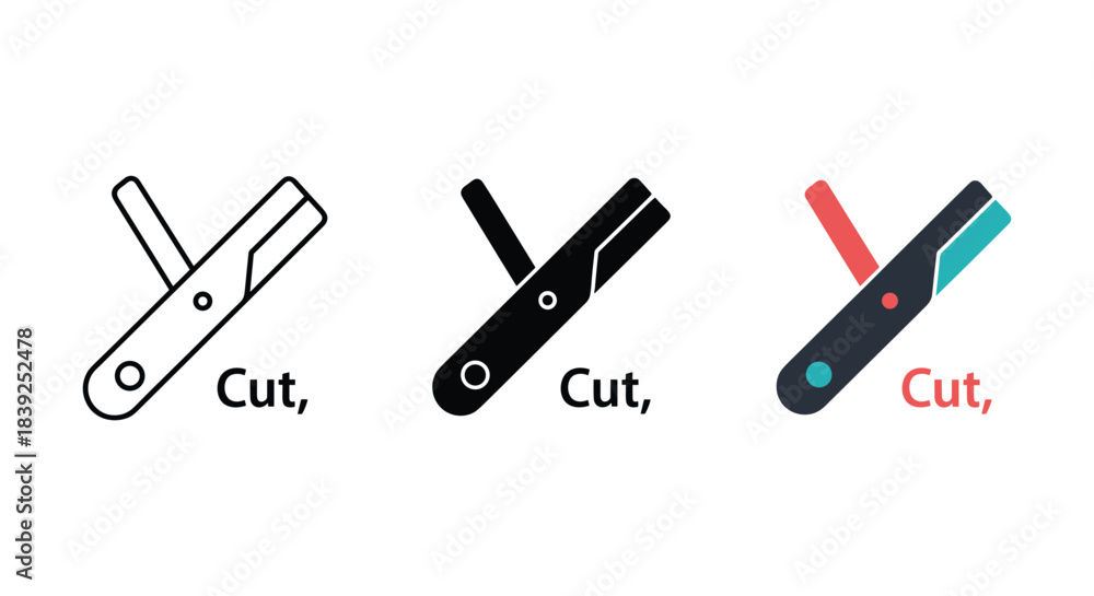 Obraz premium Cutting tool icons showing precision utility for slicing operations in outline solid and vibrant color styles