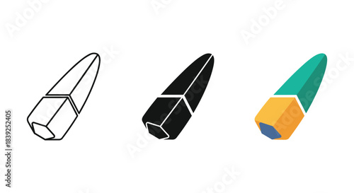 Pencil tip object design variations showing outline solid and colored isometric views