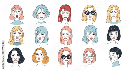 Diverse collection of fifteen stylish women's portraits with different hairstyles expressions and accessories in a modern line art style.