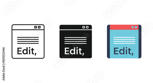 Edit document window icons showing outline solid and colorful application interfaces