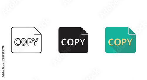 Document copy icons displaying line solid and colorful flat style for file duplication and data management tasks