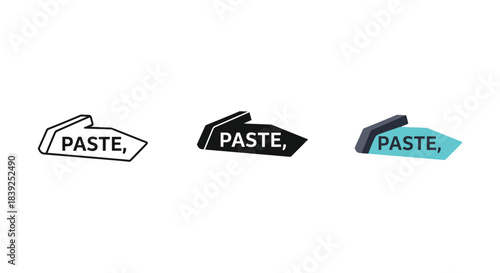 Paste action icons demonstrating clipboard insertion in outline solid and colored arrow shape for interface use
