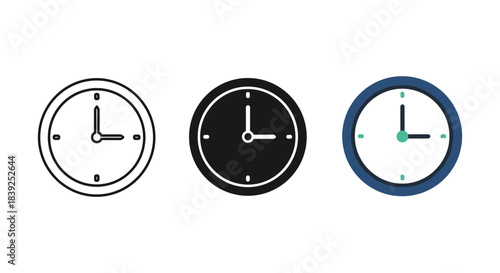 Three clock icons depicting analog time display in outline solid and flat color styles