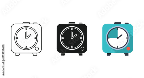 Set of three alarm clock icons showing outline solid and flat color styles for wake up calls