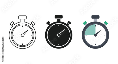 Three stopwatch icons illustrating outline solid and colored versions for timing measurement sports