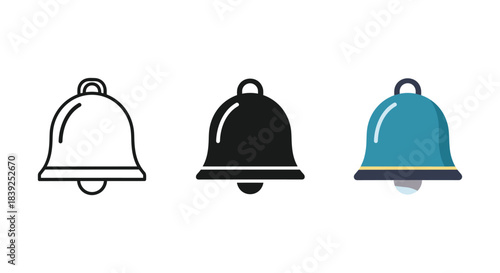 Set of three different style notification bell icons isolated on white background for app interface