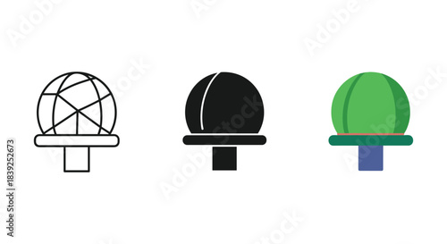 Three styles of globe or earth icon representation isolated on white background for navigation