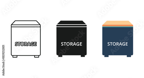 Three styles of storage unit box icons including word text for physical data container representation