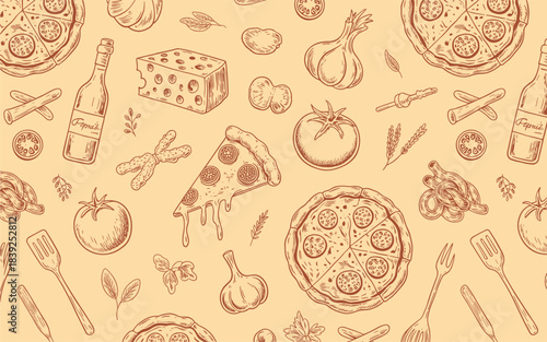 Hand drawn pizza ingredients and cooking utensils pattern