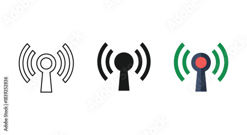 Set of three different styles of wireless signal transmission icons for network connection