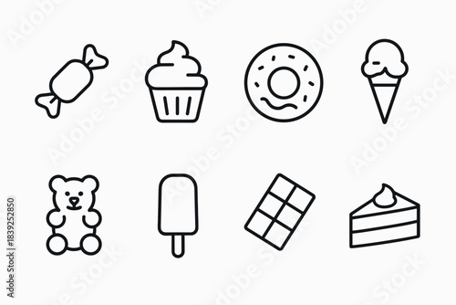 Minimalist icon set of sweet treats candy, cake, and ice cream
