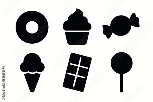 Minimalistic black sweet treats icons donut, cupcake, candy, ice cream, chocolate, lollipop
