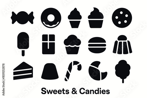 Silhouette icons of sweets and candies for culinary design projects