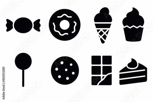 Minimalist silhouette dessert icons candy, donut, ice cream, cupcake, lollipop, cookie, chocolate, pie