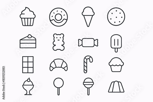 Simple linear icons of delicious desserts and sweets in black and white style