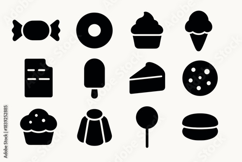 Minimalist dessert icons chocolate candy cupcake donut ice cream and more