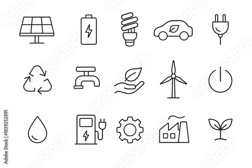 Ecofriendly energy and sustainability icons with linear design for green technology concepts