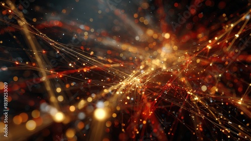 conceptual visualization of innovation, light energy surging upwards through abstract interconnected structures, dark background, warm gold and red accents, focus, breakthrough, cinematic rendering