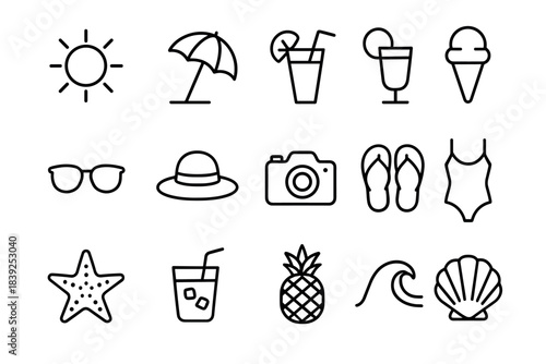 Summer outline icons beach, drinks, and sun essentials in minimalist style