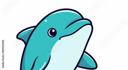 Cute cartoon dolphin with a friendly expression looking up.