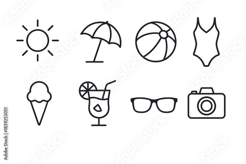 Minimalist summer icons beach, sun, and leisure collection for seasonal designs