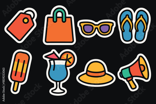 Colorful summer icons shopping, fashion, and vacation essentials