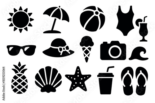 Summer beach icons silhouette collection of vacation essentials