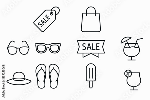 Summer shopping essentials minimalist icons for seasonal sales and beach vibes