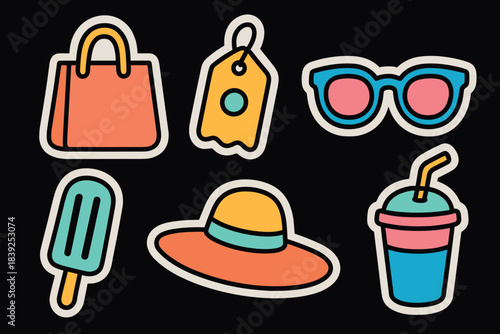 Colorful retro stickers of summer accessories and refreshments on black background