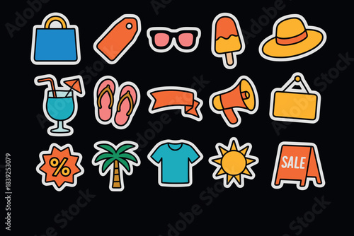 Colorful summer icons set featuring beachwear, sale signs, and tropical elements on black background