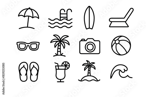 Minimalist summer icons beach, pool, and vacation elements in black outline style