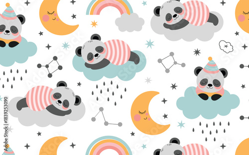 Sleeping pandas and crescent moons in pastel sky stars