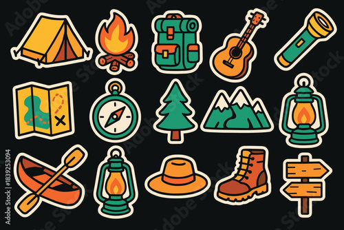 Adventure camping icons outdoor gear and nature elements illustrated in bold style