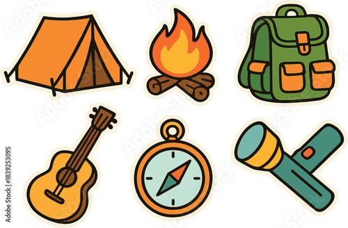 Colorful camping icons tent, fire, backpack, guitar, compass, flashlight in sticker style