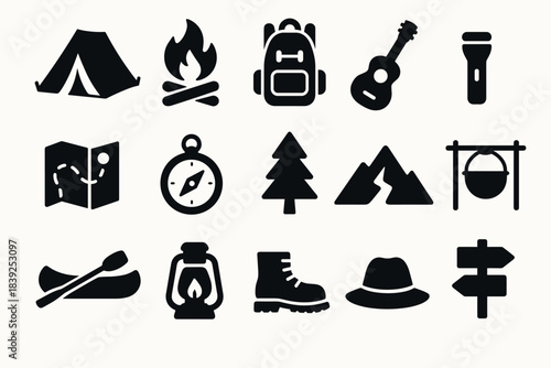Camping icons set adventure and outdoor symbols in bold silhouette design