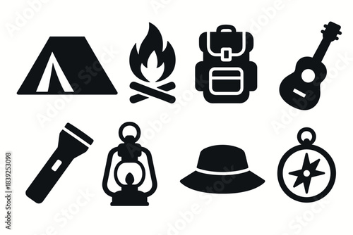 Camping adventure icons silhouette designs for outdoor enthusiasts