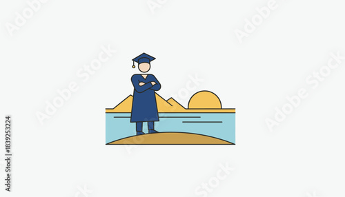 A graduate standing proudly with their arms crossed looking out at the horizon symbolizing new beginnings.