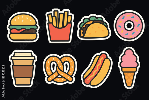 Colorful fast food stickers burgers, fries, tacos, and more