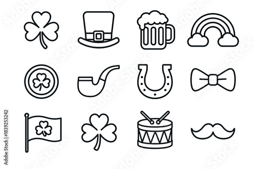 St. patrick's day icons in linear style featuring shamrock, leprechaun hat, beer mug, and rainbow