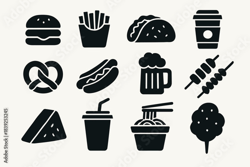 Silhouette icons of popular fast food items and beverages