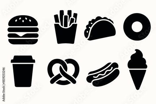 Silhouette fast food icons burger, fries, taco with modern minimalist style