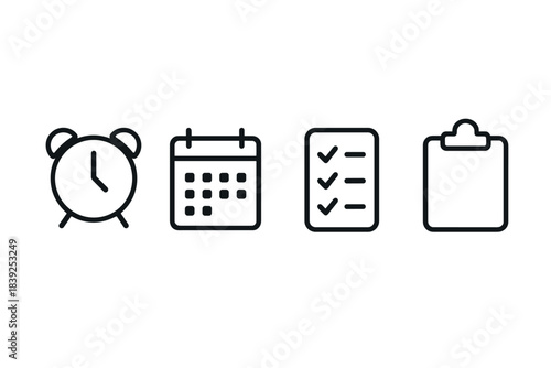 Minimalist linear icons of time management and organization items