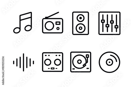 Minimalist music icons collection featuring audio equipment and symbols
