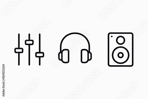 Minimalist line art of audio equipment headphones, equalizer, and speaker