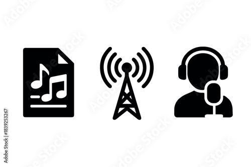 Podcasting essentials audio file, broadcast tower, and headset silhouette icons