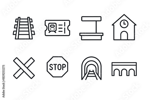 Railway symbols collection linear icons of tracks, signals, and stations