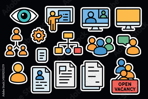 Business icons set featuring communication, teamwork, and recruitment themes