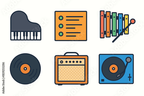 Colorful music icons set featuring instruments and audio equipment in outline style